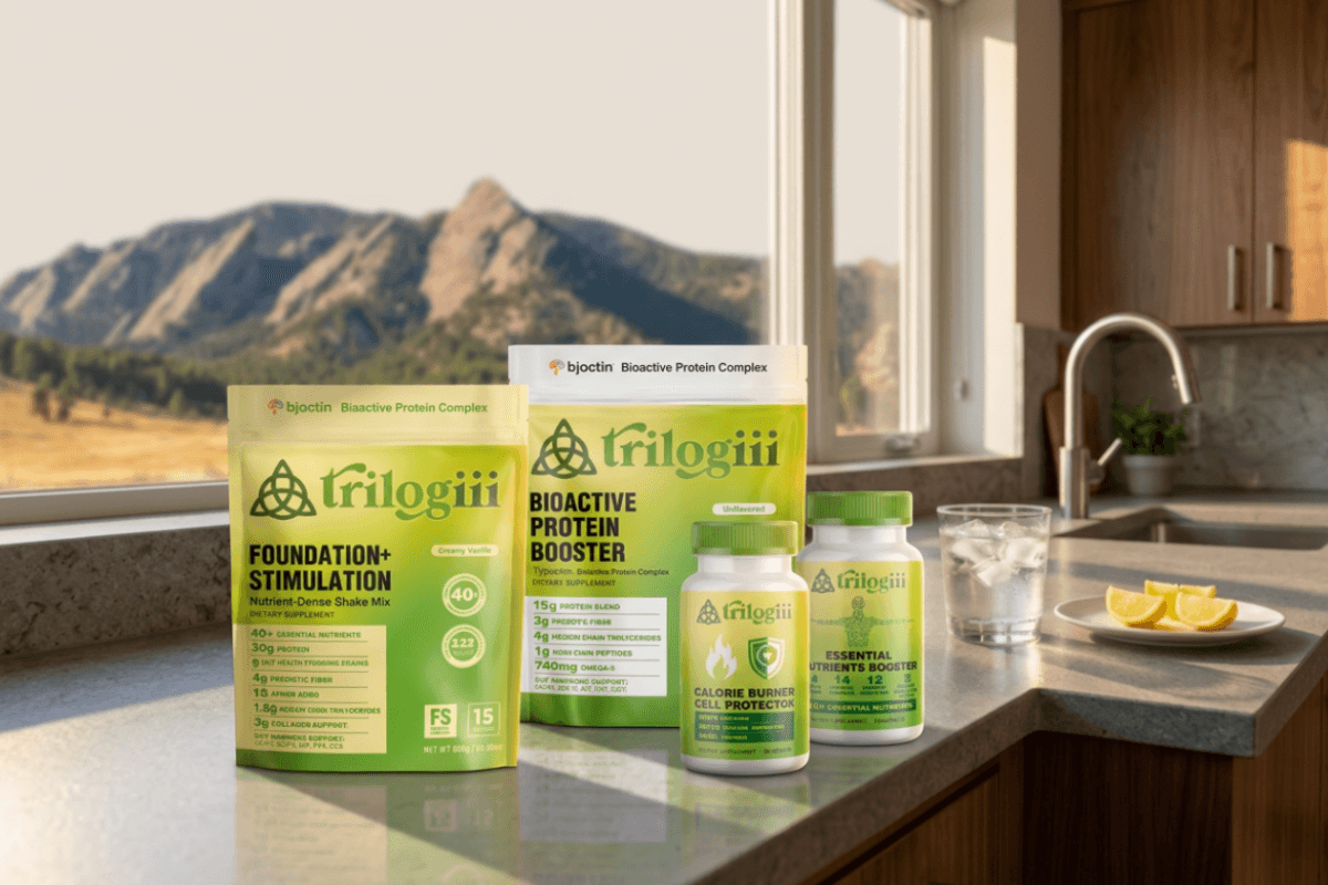 Trilogiii Core Weight Loss bundle — daily routine on oak counter